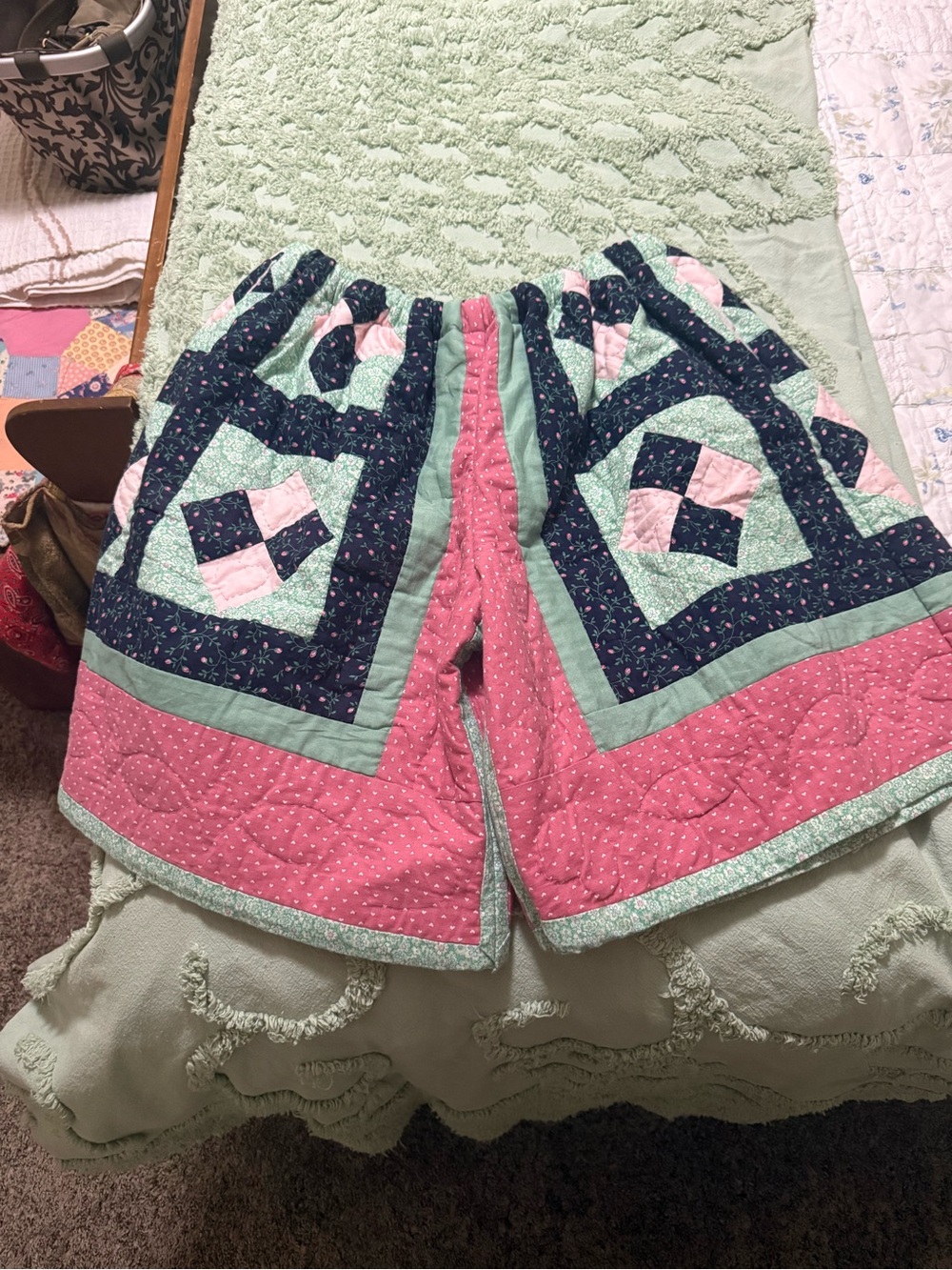 Handmade Quilted Patchwork Bermudas in Pink, Mint & Navy